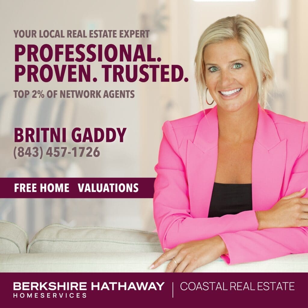 Real estate advertisement featuring Britni Gaddy in a pink blazer with contact information and Berkshire Hathaway Coastal Real Estate branding.